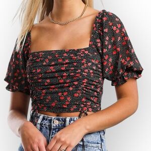 ACOA Crop Top‎ Women Large Black Red Floral Polka Dot Ruched Puff Sleeve